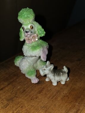 Made in Japan Green, White and Pink Ceramic Poodle with Small Terrier Dog Accent
